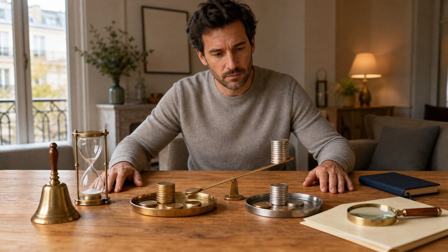 Un trader particulier étudie deux plateaux d'achat et de vente avec un sablier et un levier sur une table en bois.