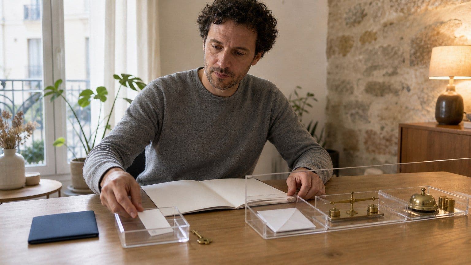Une personne compare les documents tarifaires d’un compte courant et plusieurs catégories de frais sur une table.