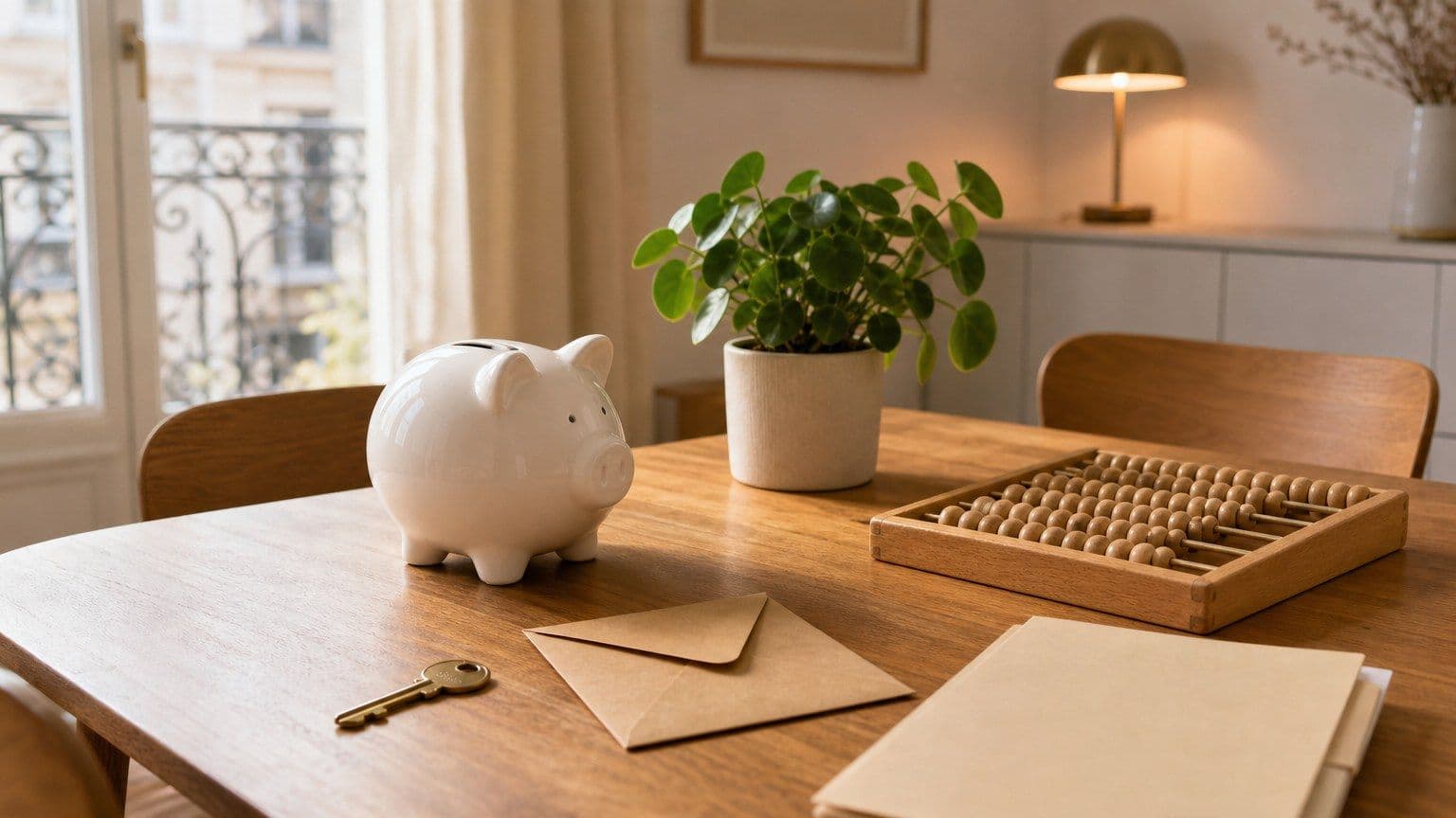 Tirelire blanche, clé et documents vierges sur une table, représentant le choix d’un placement financier.