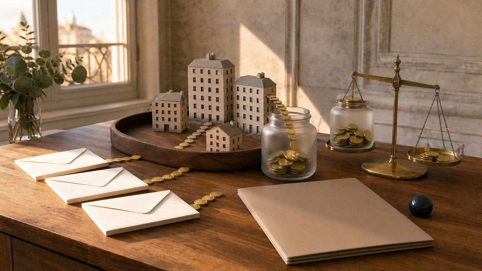 Bureau d'analyse d'un placement SCPI avec maquettes immobilières, enveloppes d'investisseurs et flux de revenus stylisés.
